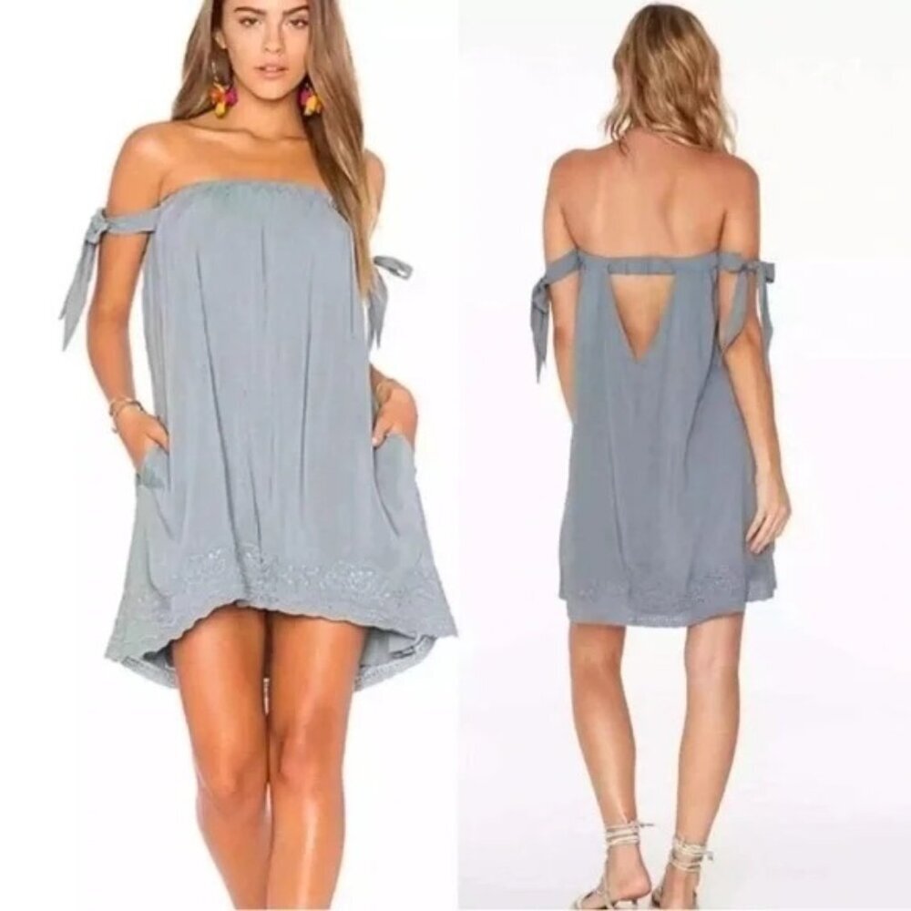 L Space Sweet Dreams Dress Blue Grey Strapless Eyelet Trim Women's S